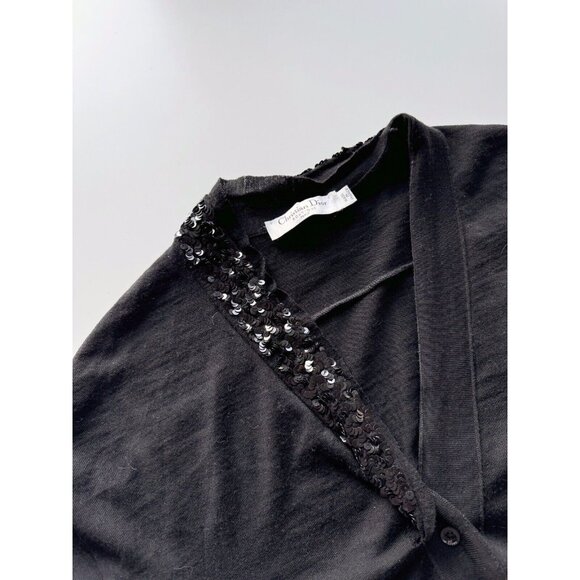 Vintage 90's CHRISTIAN DIOR Black Wool Knit Sequin Trim V-Neck Sweater, Size 6 - Picture 7 of 14